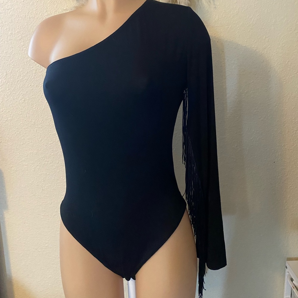 One shoulder bodysuit fringe trim long sleeve
